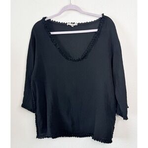 Tempo Paris 100% Linen Fringe Trim Top Black Sz M Minimalist Boho Made In Italy